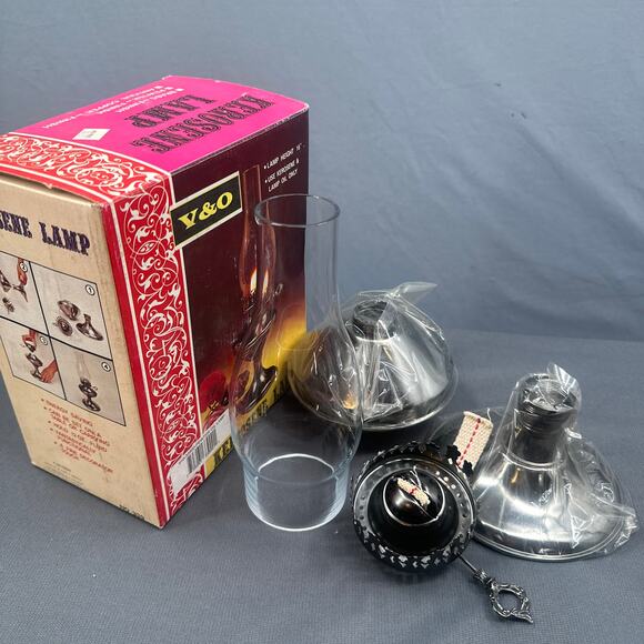 VTG Style 16" Kerosene Oil Lamp Pewter Finish Glass Chimney Cabin Cottage NOS - Picture 1 of 16